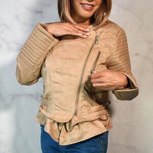 Beige Leatherette & Faux Suede Motorcycle Jacket